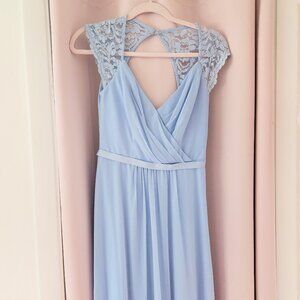 David's Bridal Ice Blue Mesh Dress w Lace Sleeves Bridesmaid - Size 2